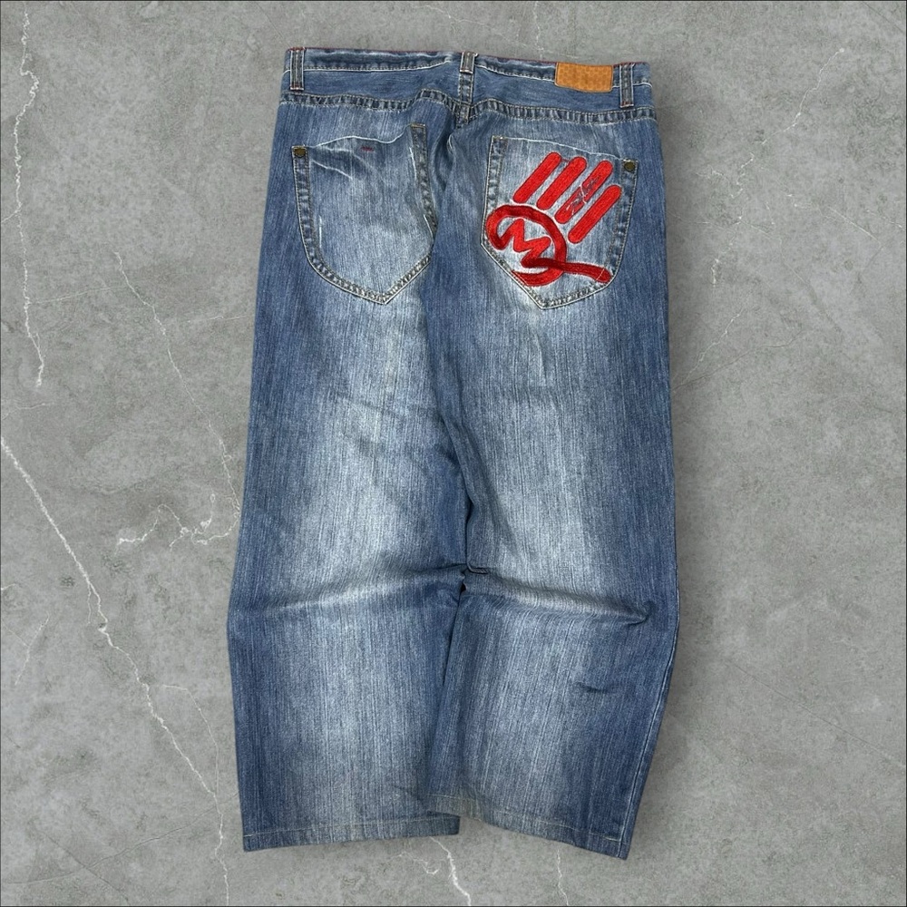 Men's Blue Denim Jeans with Red Hand Patch